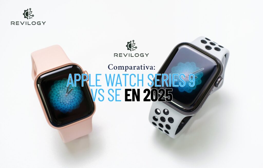 Dos Apple Watch (Series 9 y SE) uno al lado del otro, mostrando sus diferencias en diseño y pantalla para la comparativa 2025 Apple Watch Series 9 vs SE