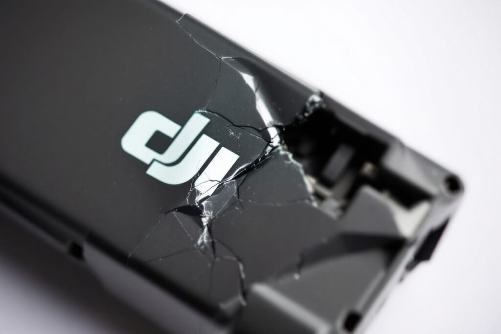 Batería de drone DJI hinchada, indicando un posible problema si el drone DJI no enciende.
