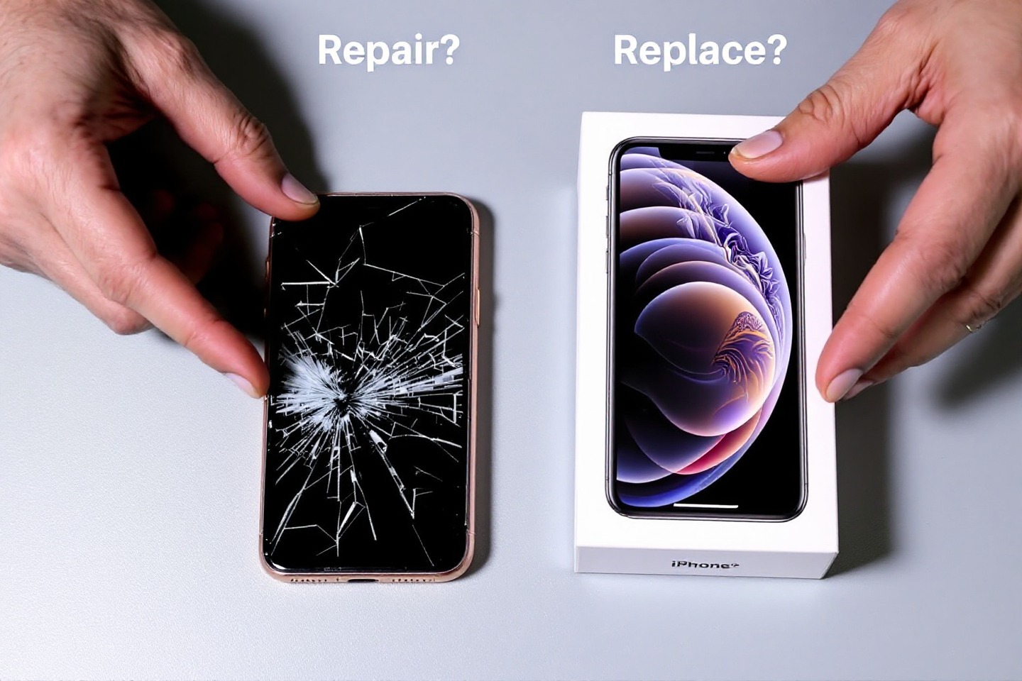 iPhone con la pantalla rota, planteando la pregunta de si es mejor reparar pantalla iPhone o reemplazarlo.