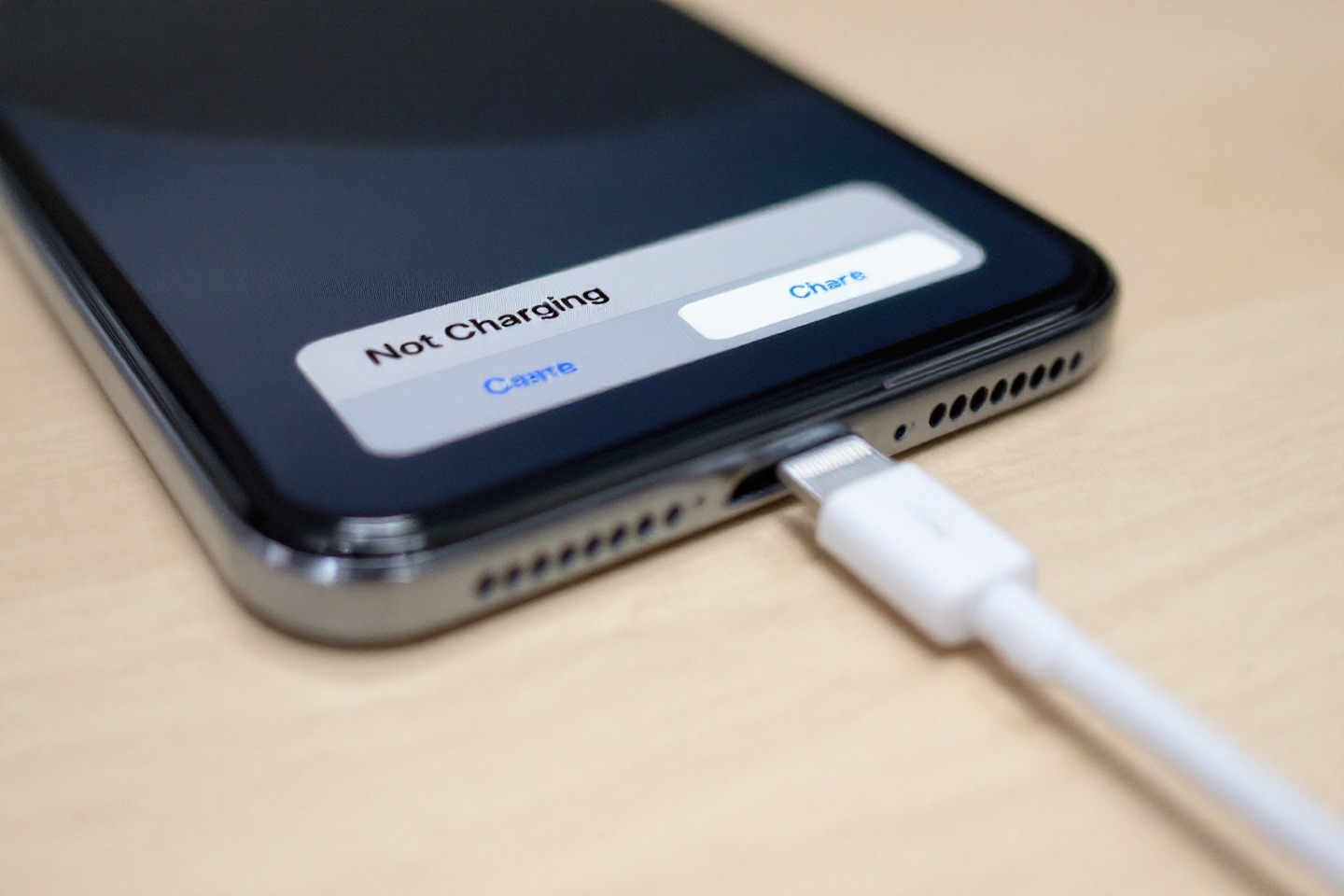 iPhone sin cargar conectado al cable Lightning, indicando que el iPhone no carga.
