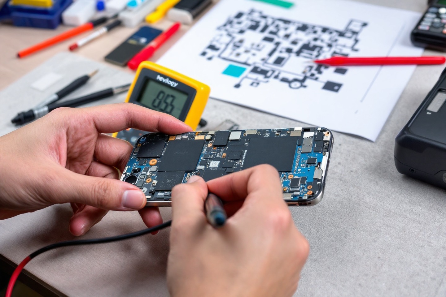 Técnico de Revilogy reparando un iPhone que se reinicia solo debido a un fallo de hardware.