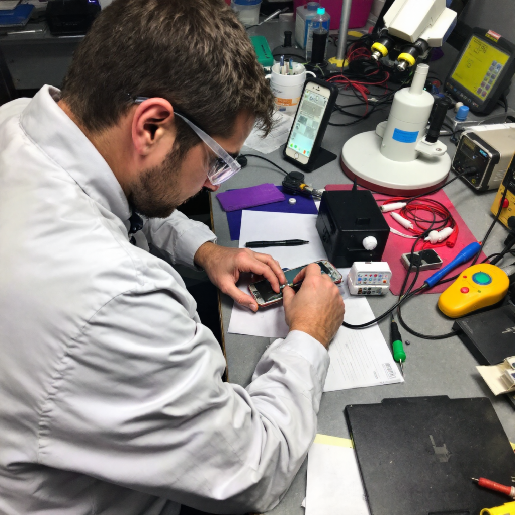 Un técnico de Revilogy reparando una pantalla de iPhone con herramientas especializadas.
